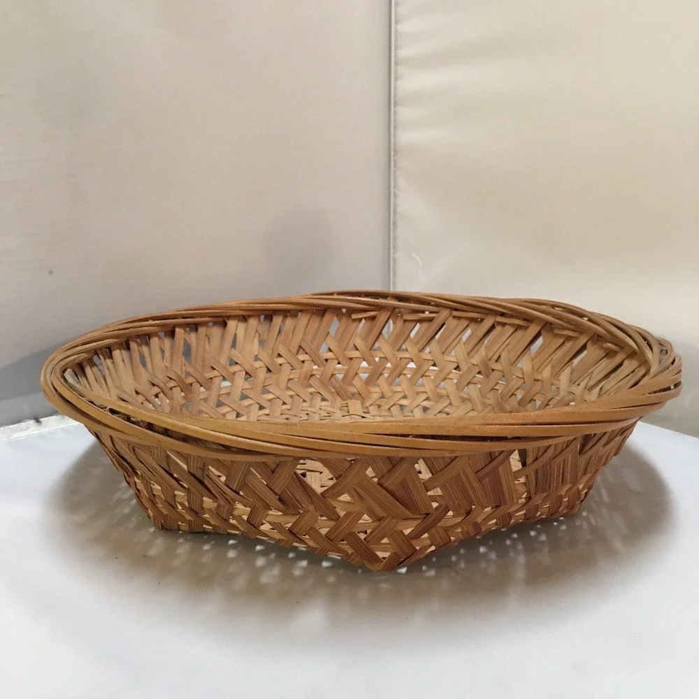 Woven Bamboo Basket Home Decor Medium Brown Round Lattice Design Cottagecore
